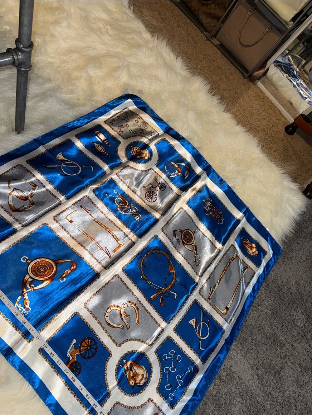 Blue and White Equestrian Print Silk Scarf